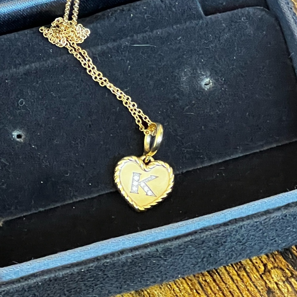David Yurman Yellow Gold Heart Pendant Necklace with Initial K